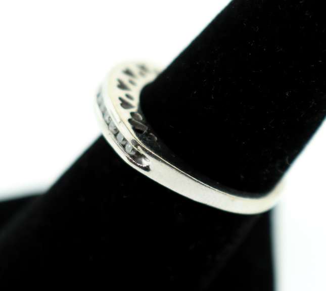 Romantic 10k White Gold Channel Set Diamond Ring with Heart Engravings