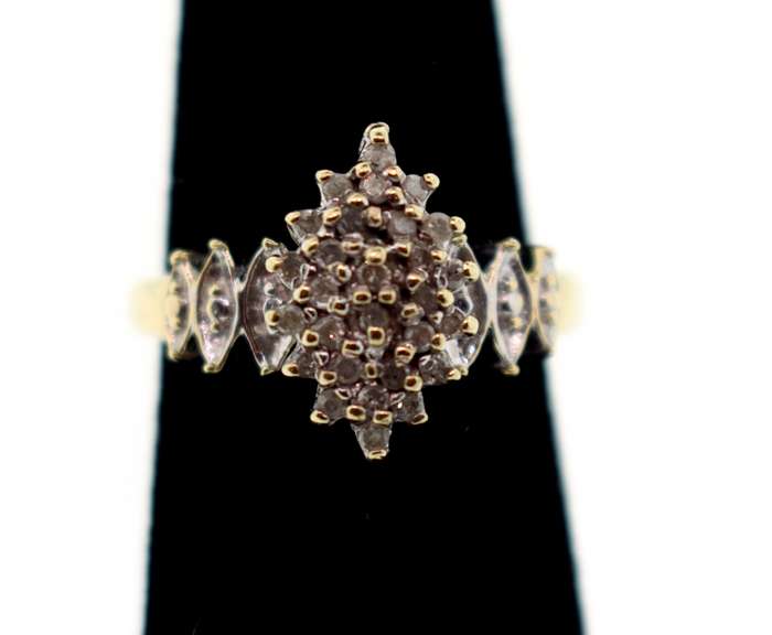 10k Gold Diamond Cluster Ring Flanked by Mini-Clusters