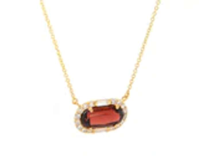 Handsome Yellow Gold Garnet and Baguette and Round Diamond Frame Pendant on Chain