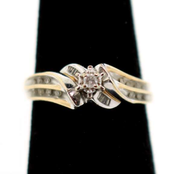 10k White and Yellow Gold Centerpiece Diamond Ring Flanked with Channel Set Diamonds