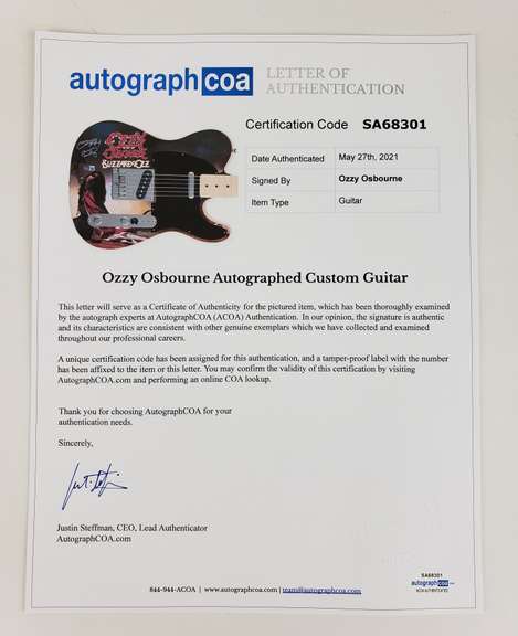 Ozzy Osbourne Signed Fender Blizzard Of Ozz Graphics Photo Guitar BAS Witness
