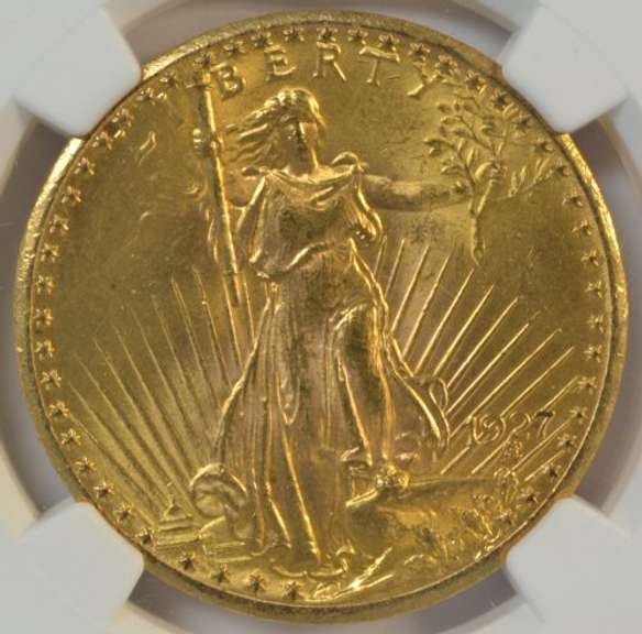 Blazing near Gem BU 1927 St. Gaudens $20 Gold. NGC MS64