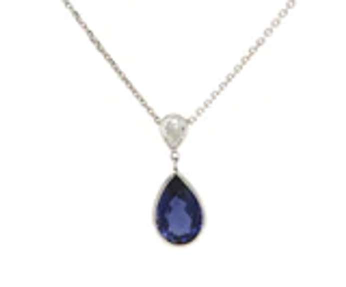 Attractive White Gold Iolite and Pear Diamond Pendant on Chain