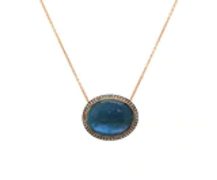 Fabulous 18kt oval Checkerboard Blue Topaz Mop and Diamond Frame Pendant on Chain