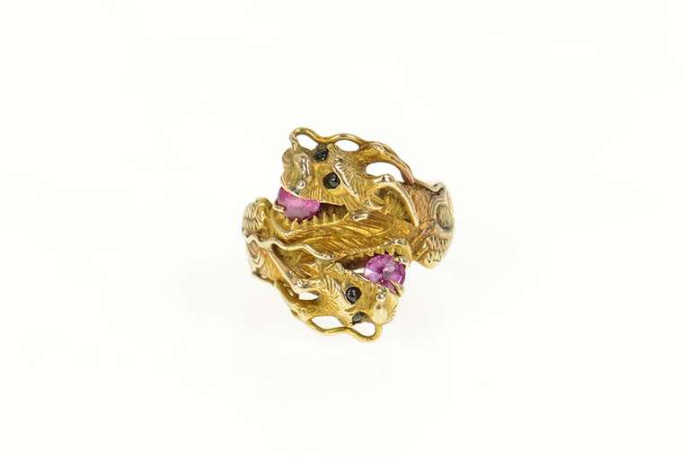 14K Yellow Gold Elaborate Chinese Dragon Ruby Men's Ring