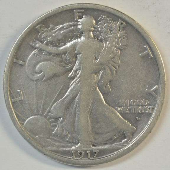 Scarce 1917-D (Obv) Walking Liberty Half Dollar. Key date