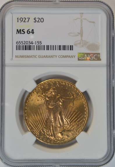 Blazing near Gem BU 1927 St. Gaudens $20 Gold. NGC MS64