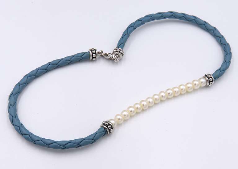 Set of Sky Blue Leather and Pearl Bracelet with Matching Necklace