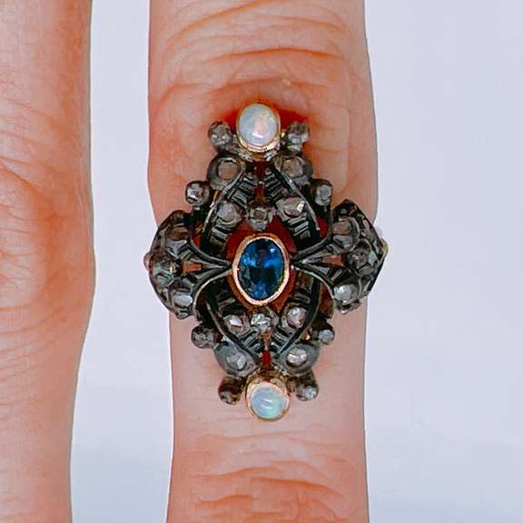Vintage 18kt Gold, Blue Sapphire, & Opal Cocktail Ring
