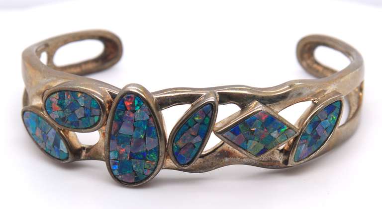 Vintage Sterling Silver Signed Inlay Cuff Bangle