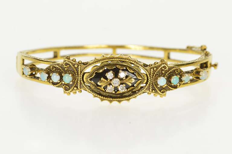14K Yellow Gold Ornate Diamond Opal Statement Bangle Bracelet