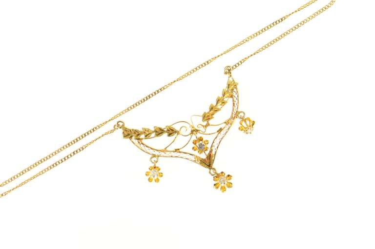 14K Yellow Gold Victorian Diamond Filigree Dangle Fringe Necklace