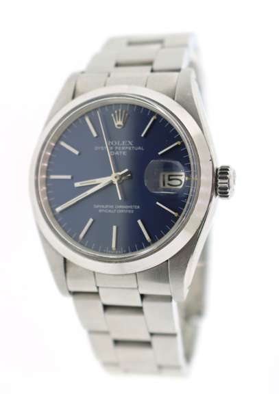 Rolex Date Stainless Steel Blue Baton Dial Mens Watch