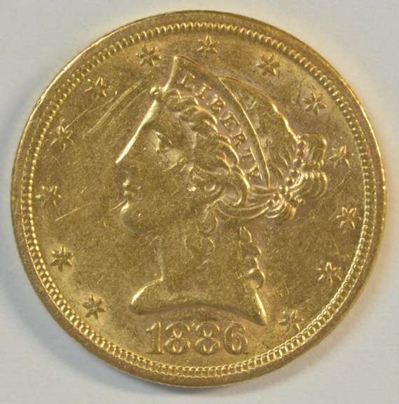 Lovely 1886-S US $5 Liberty Gold Piece. Flashy.
