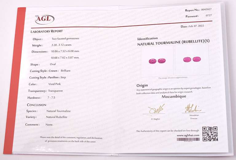 Two Marvelous 3.28cts and 3.12cts Natural Rubellite Tourmaline Gemstones with AGL Thai Laboratory Certificate of Authenticity