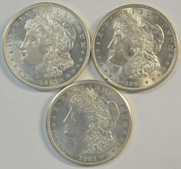 Flashy BU 1921 P-D-S Morgan Silver Dollars. Nice