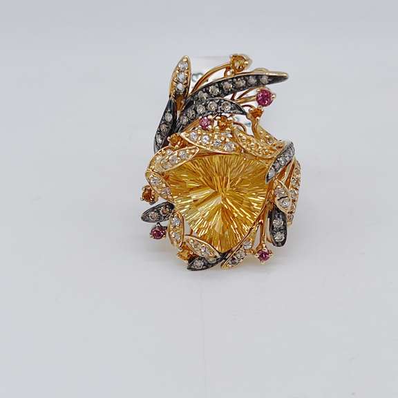 Designer 14kt Yellow Gold, Citrine, Ruby, & Diamond Cocktail Ring