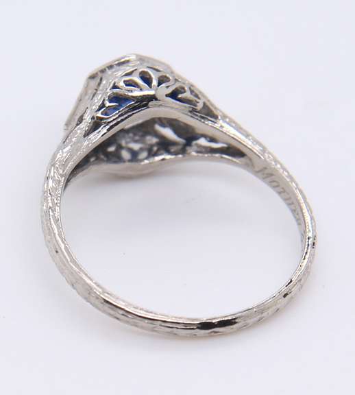Antique Platinum Synthetic and Natural Sapphire Engraved Ring