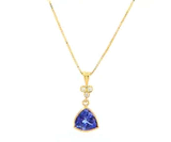 Attractive Yellow Gold Trillion Cuut Tanzanite and Diamond Pendant on Chain
