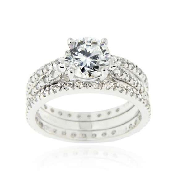 Sterling Silver Round CZ Engagement & Bridal Wedding Ring Set