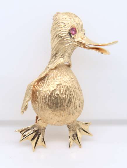 Strong Yellow Gold Ruby Duck Brooch