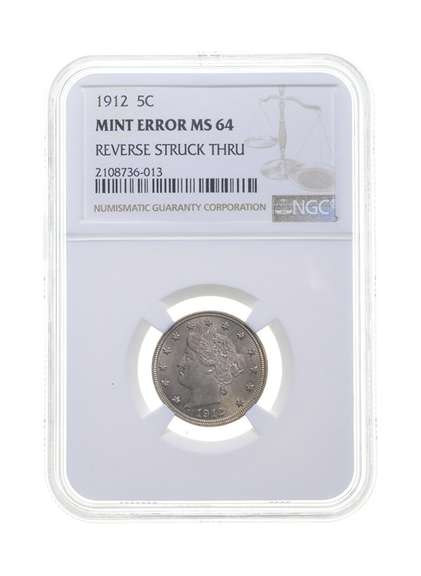 MS64 MINT ERROR 1912 Liberty V Nickel - REV Struck Thru - Graded NGC