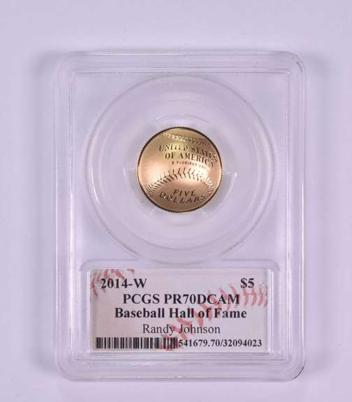 PR70DCAM 2014-W $5 Baseball HOF Commem. Gold Johnson Signed PCGS