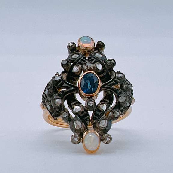 Vintage 18kt Gold, Blue Sapphire, & Opal Cocktail Ring