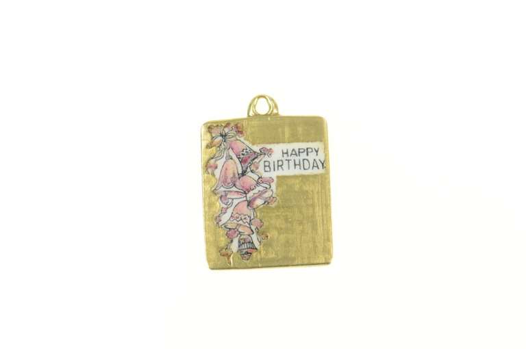 14K Yellow Gold 1960's Enamel Flower Happy Birthday Card Charm/Pendant