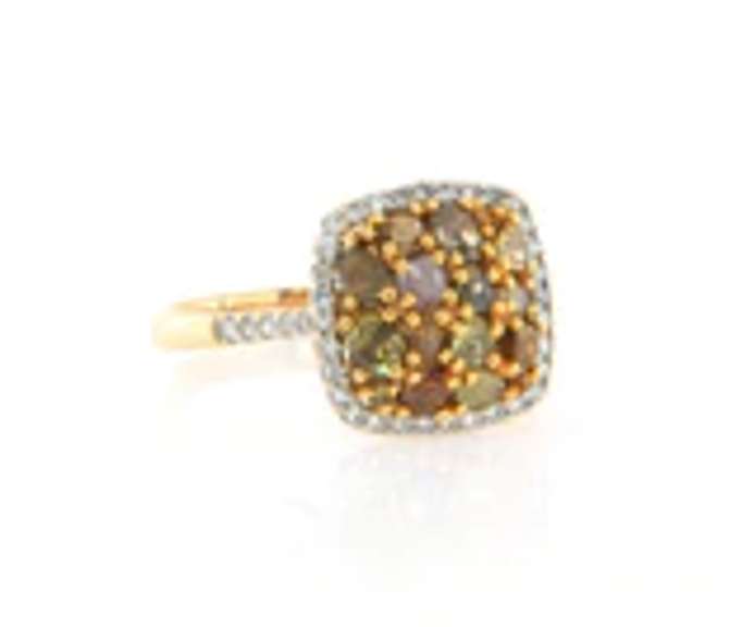 Dreamy Yellow Gold Multi Colored Diamond Cluster Ring