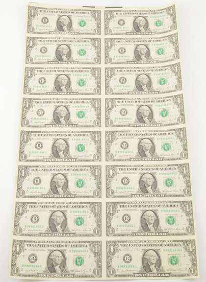 Lot (16) 1981 $1 New York, NY United States FRN Uncut Sheet