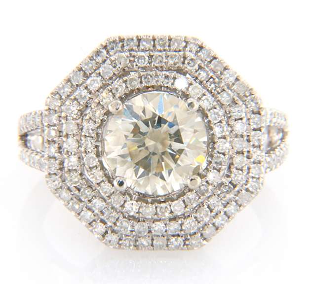 Significant White Gold 3.01ctw Round Diamond Hexagonal Triple Engagement Ring