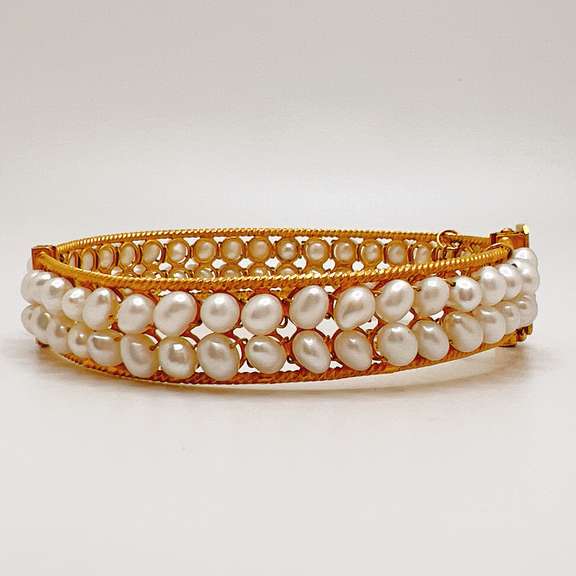 21kt Solid Yellow Gold & Pearl Bangle Bracelet