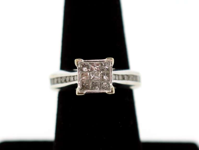 Sturdy 10k White Gold Square Diamond Ring Flanked with Channel Set Diamonds