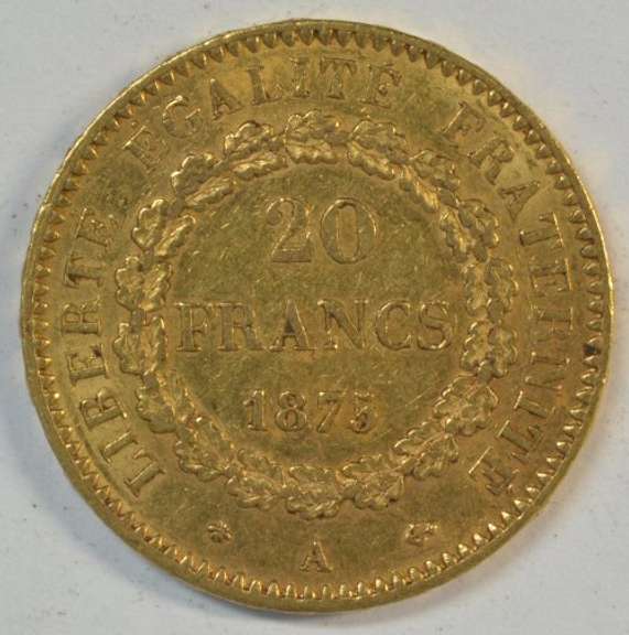 Choice BU 1875-A France 20 Francs Gold 'Angel' piece