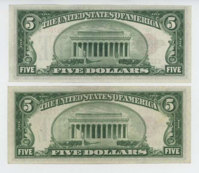 2 Crisp Uncirculated 1928 Series $5 Red Seal Notes