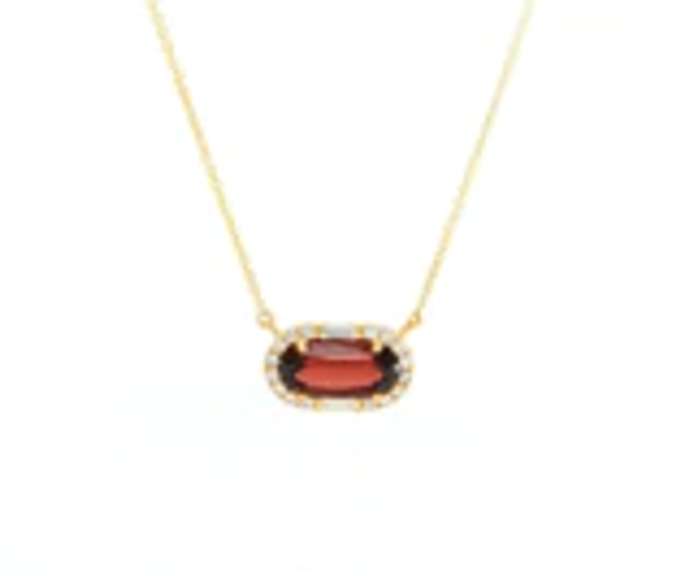 Handsome Yellow Gold Garnet and Baguette and Round Diamond Frame Pendant on Chain