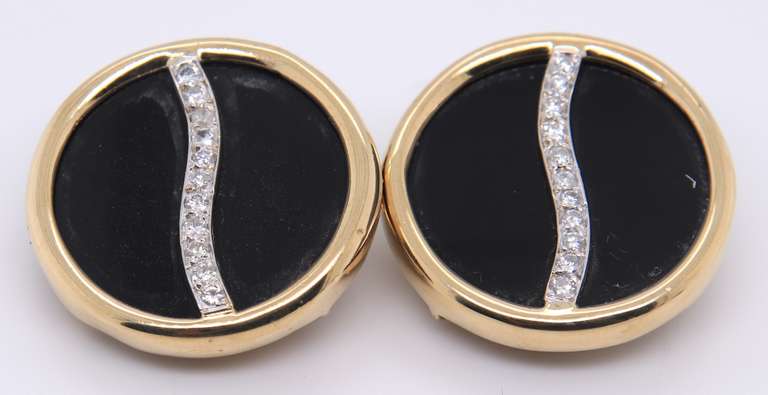 Fabulous Yellow Gold Black Onyx and Diamond Swirl Earrings