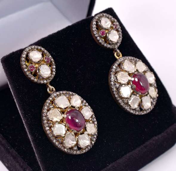 Ravishing 2.08CTW Diamond & 4.12CTW Cabochon-Cut Ruby Earrings in Gold Plated Sterling Silver