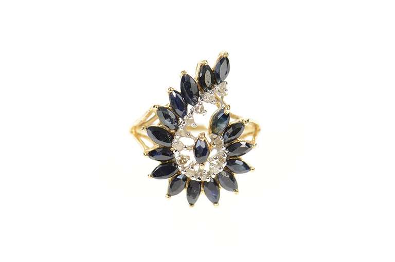 14K Yellow Gold Marquise Natural Sapphire Diamond Swirl Ring