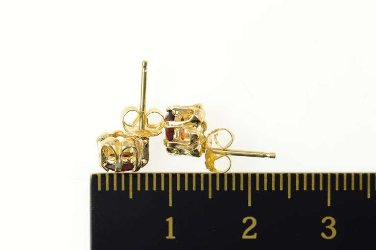 14K Yellow Gold Oval Garnet Solitaire Ornate Stud Earrings