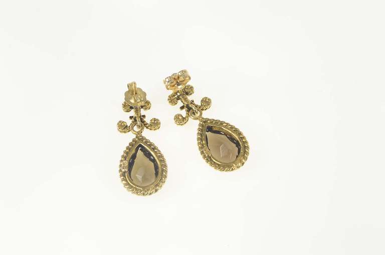 14K Yellow Gold Ornate Pear Smoky Quartz Dangle Statement Earrings