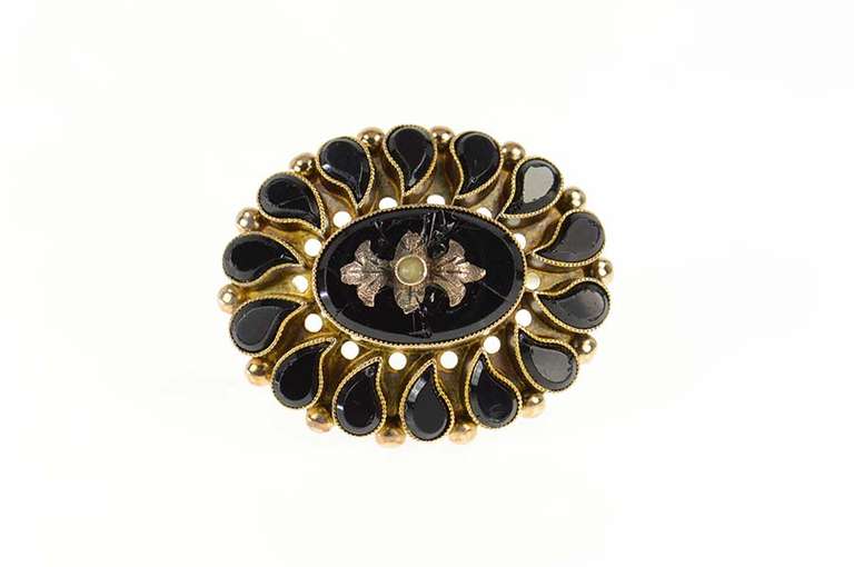 14K Yellow Gold Victorian Ornate Oval Black Onyx Mourning Pin/Brooch
