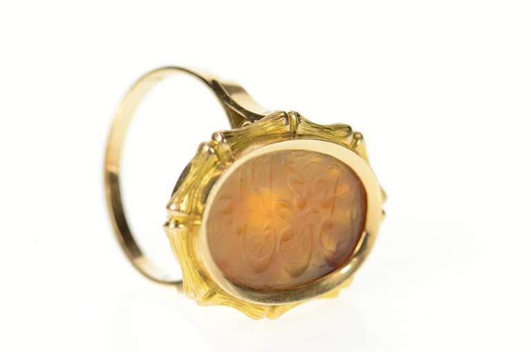 14K Yellow Gold Carved Arabic Elaborate Carnelian Oval Statement Ring