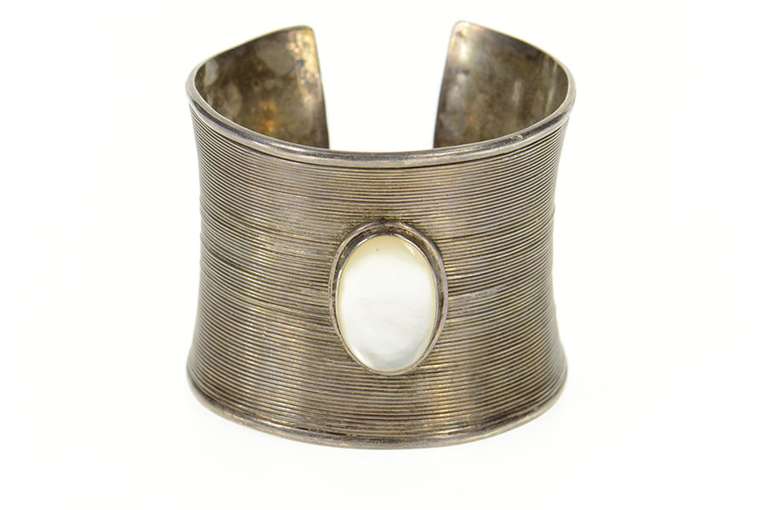 Sterling Silver Curved Mother Of Pearl Oval Statement Cuff Bracelet