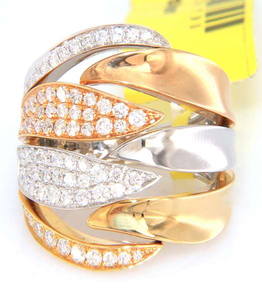 Fantastic Pave Diamond Tri Tone Leaf Wide Band