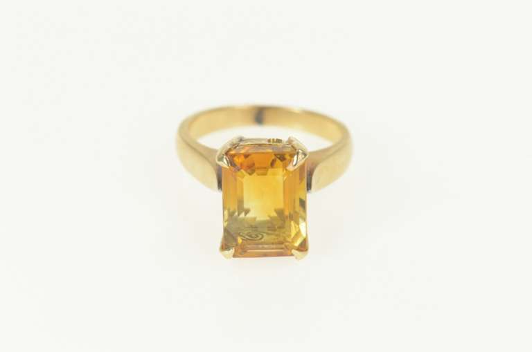 18K Yellow Gold 1960's Emerald Cut Citrine Ornate Cocktail Ring