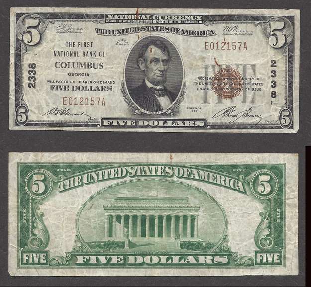 $5 1929 NBN Columbus, GA Ch.2338 Very Fine Only 39 Small known