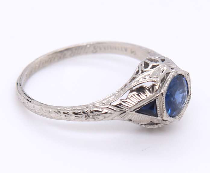 Antique Platinum Synthetic and Natural Sapphire Engraved Ring