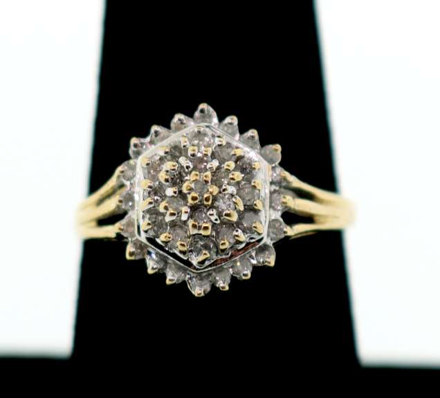 Hexagonal Diamond Halo Ring with 10k Gold